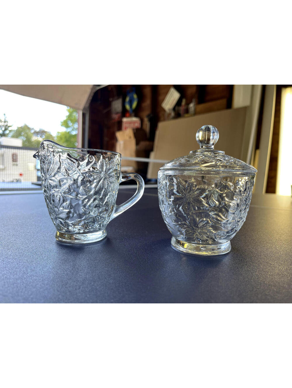 Vintage Glass Sugar Bowl and Creamer set - Poinsetta Design